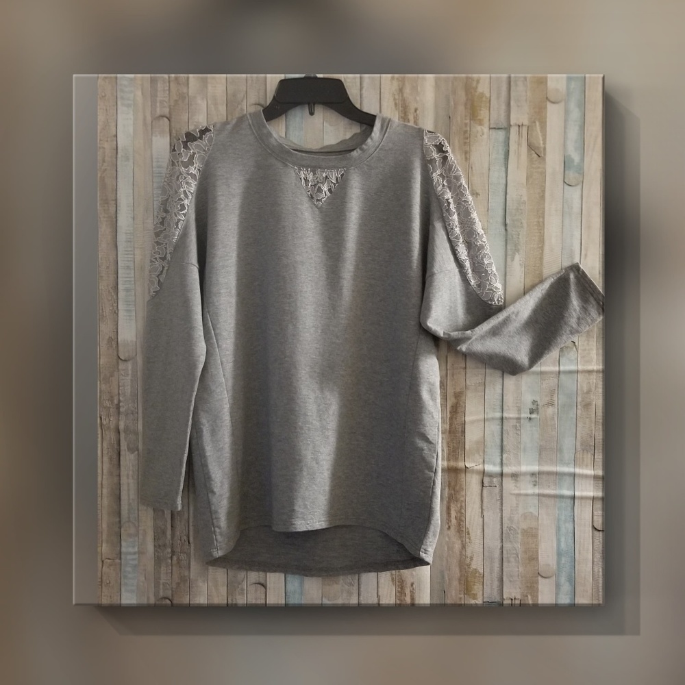gray top with lace